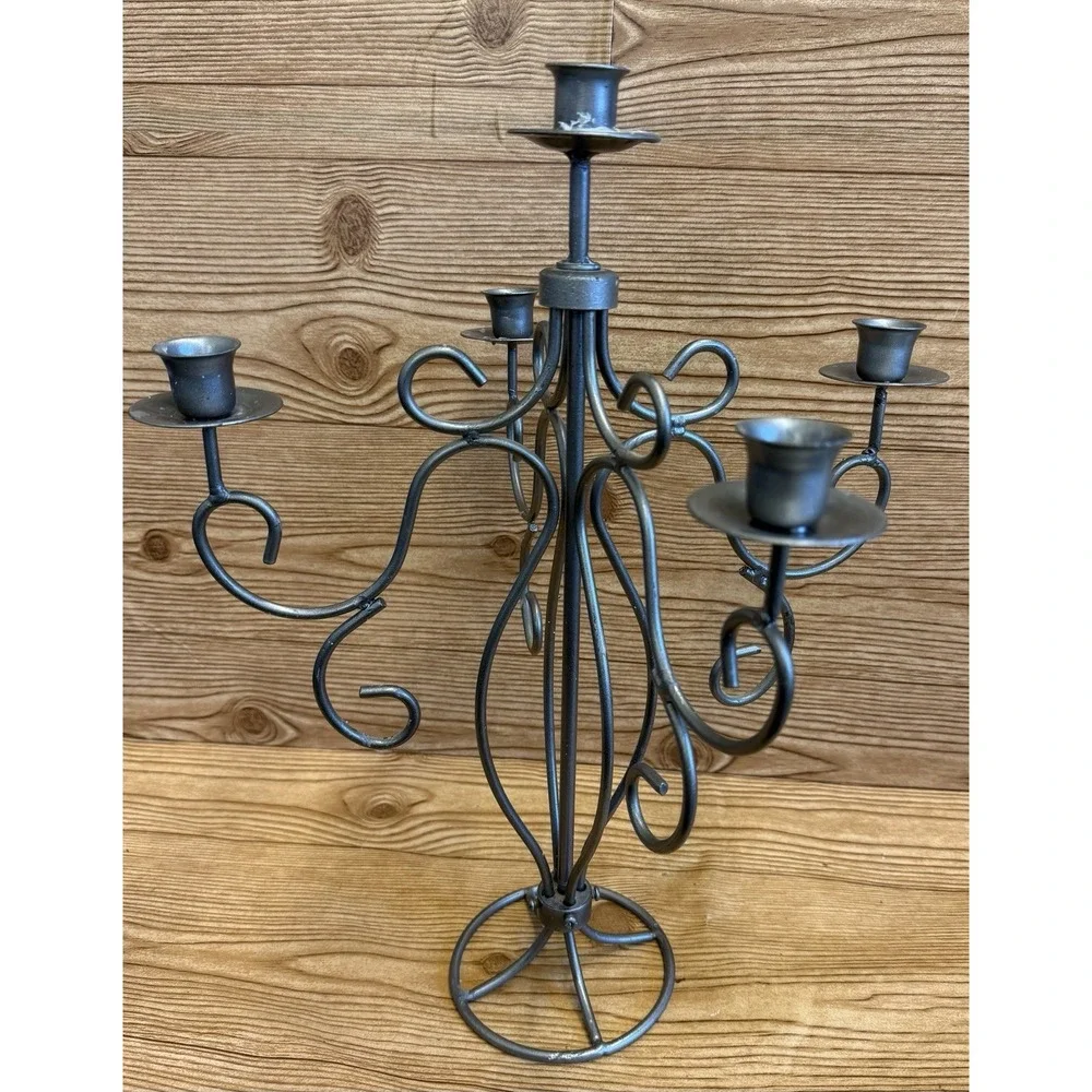 Vtg Grey Metal Candelabra 5 Arm Goth Gothic Scrolls Candlestick Holder